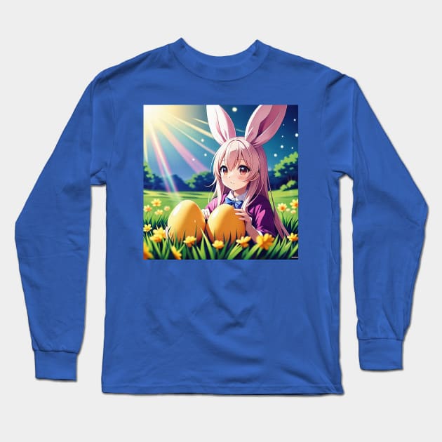 “Sunny Egg Hunt” Anime Bunny Girl Long Sleeve T-Shirt by Mad Tea Garden